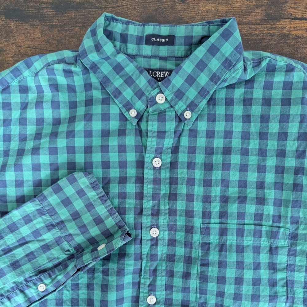 J.Crew Button Down Shirt Green Gingham Flex Washed Classic Sz L Preppy Plaid